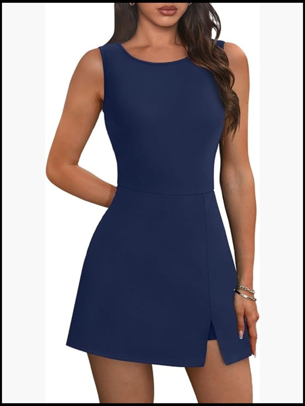 Activewear Dress with Built-in Shorts and Pockets Crew Neck Sleeveless